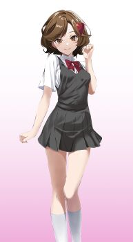 1girl breasts brown_eyes brown_hair gradient_background hair_ornament heart heart_hair_ornament highres kneehighs lass_(pokemon) lass_(pokemon_hgss) long_legs miniskirt nintendo pink_background pokemon pokemon_hgss school_uniform shirt short_hair short_sleeves skirt small_breasts smile socks solo standing tsukishiro_saika white_shirt white_socks