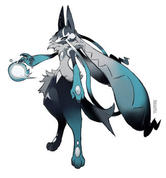 1other absurdres arm_at_side aura black_fur blue_eyes blue_fur commentary energy_ball english_commentary facing_to_the_side gen_4_pokemon gradient_fur highres keroreud looking_to_the_side lucario mega_lucario mega_lucario_z mega_pokemon nintendo outstretched_arm pokemon pokemon_(creature) pokemon_focus white_background white_fur