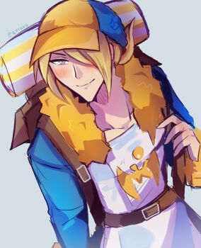 1boy backpack bag baseball_cap bedroll blonde_hair collarbone hat highres long_sleeves nintendo pokemon pokemon_legends:_arceus qxsuko self-upload solo source_request tabard volo_(pokemon)