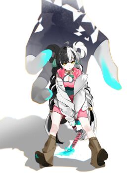 1girl absurdres ahoge black_hair blue_paint braid braided_twintails breast_cutout breasts brown_leg_warmers brown_shoes chinese_clothes cleavage clothing_cutout dialyn_(zenless_zone_zero) dress earrings full_body giant_hand hair_intakes hashtag-only_commentary heart_cutout highres holding holding_nunchaku holding_weapon jacket jewelry leg_warmers legs_apart long_hair looking_at_viewer lq9140 medium_breasts multicolored_hair nunchaku off_shoulder official_alternate_costume parted_lips pink_dress shadow shoes simple_background single_earring solo weapon white_background white_hair white_jacket yellow_eyes zenless_zone_zero