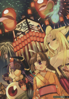 5girls alice_soft animal_ears arthropod_girl artist_request cyclops dokuganryuu_masamune eyeball fireworks fox_ears highres insect_girl japanese_clothes lantern mask multiple_girls nogiku noir_(rance) official_art omachi one-eyed orime rance_(series) sengoku_rance spider_girl traditional_youkai
