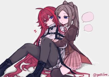 Rule 34 | 2girls, ??? (assault lily), ahoge, assault lily, belt, belt buckle, black belt, black boots, black pantyhose, black thighhighs, blank speech bubble, blue eyes, boots, bow, bow-shaped hair, bowtie, brown hair, brown jacket, buckle, chest harness, chinese commentary, closed mouth, collared shirt, commentary request, corset, feet out of frame, frilled skirt, frills, garter straps, gatti love, grey background, hair between eyes, hand on another's arm, hands up, harness, heads together, heterochromia, hug, hug from behind, ichinomiya michaela himari, jacket, juliet sleeves, knees up, long hair, long sleeves, looking at another, looking to the side, ludvico private girls' academy school uniform, miniskirt, multiple girls, outline, pantyhose, parted bangs, parted lips, pink bow, pink bowtie, pink skirt, pleated skirt, ponytail, puffy sleeves, red eyes, red hair, school uniform, shirt, shoe belt, sideways glance, simple background, sitting, skirt, speech bubble, striped clothes, striped skirt, thighhighs, turtleneck, turtleneck shirt, twitter username, underbust, very long hair, white outline, white shirt, white skirt, yuri