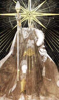 Rule 34 | 1boy, arm at side, arm up, beard, belt, black background, cape, commentary request, covered face, crown, facial hair, fate/grand order, fate (series), fur-trimmed cape, fur trim, game cg, holding, holding staff, male focus, official art, sakamoto mineji, solo, staff, standing, star (symbol), third-party source, veil