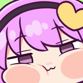 1girl :3 cheek_press green_background hachimedes hair_ornament heart heart_hair_ornament komeiji_satori looking_at_viewer medium_hair puffy_cheeks purple_eyes purple_hair raised_eyebrows screen simple_background smile smug touhou