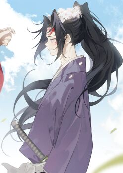 1boy commentary_request day flower from_side hair_flower hair_ornament japanese_clothes kimetsu_no_yaiba long_hair long_sleeves male_focus outdoors petals ponytail profile sal_gun solo_focus tsugikuni_michikatsu white_flower wide_sleeves