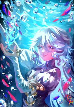 1girl absurdres ahoge air_bubble blue_dress blue_eyes blue_hair bubble coconuthound commentary dress drop-shaped_pupils english_commentary focalors_(genshin_impact) furina_(genshin_impact) genshin_impact hair_between_eyes hand_up heterochromia highres light_blue_hair long_hair long_sleeves looking_at_viewer multicolored_hair parted_lips smile solo streaked_hair sunlight symbol-shaped_pupils teeth underwater upper_body very_long_hair white_hair