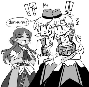 Rule 34 | !, !!, !?, 3girls, braid, breasts, commentary request, cowboy shot, crossed arms, dark-skinned female, dark skin, eidsvold (kancolle), gloves, greyscale, hair bun, hat, kantai collection, long hair, medium breasts, military uniform, monochrome, multiple girls, norge (kancolle), rectangular mouth, shiki kyouzoku, short hair, single braid, skirt, thonburi (kancolle), trait connection