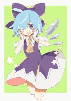 Rule 34 | 1girl, ;d, ahoge, ascot, blue bow, blue eyes, blue hair, blush stickers, border, bow, cirno, collared shirt, commentary request, detached wings, dress, green background, hair between eyes, hair bow, hands on own cheeks, hands on own face, hatsushiro mamimu, highres, ice, ice wings, jumping, looking at viewer, one eye closed, open mouth, outside border, pinafore dress, puffy short sleeves, puffy sleeves, ribbon-trimmed bow, ribbon trim, shirt, short hair, short sleeves, sleeveless, sleeveless dress, smile, solo, star (symbol), touhou, white border, white shirt, wings, yellow ascot