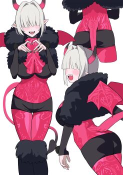 1girl bei_chelun_de_daquan_yangcong_anakin blush bodystocking collar demon_horns demon_tail demon_wings fake_tail hair_over_eyes handler_(monster_hunter_world) heart heart_hands highres horns monster_hunter:_world monster_hunter_(series) official_alternate_costume studded_collar tagme tail wings