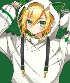 1boy animal_ears animal_hood arms_up blonde_hair blush cat cat_ears cat_hood closed_mouth drawstring fake_animal_ears flipped_hair frozen_yakan green_background green_eyes green_hoodie hair_between_eyes highres hood hood_up hoodie long_sleeves looking_at_viewer male_focus nijisanji polka_dot polka_dot_hoodie short_hair sidelocks simple_background sleeves_past_wrists solo standing two-sided_fabric upper_body uzuki_kou uzuki_kou_(2nd_costume) virtual_youtuber white_hoodie