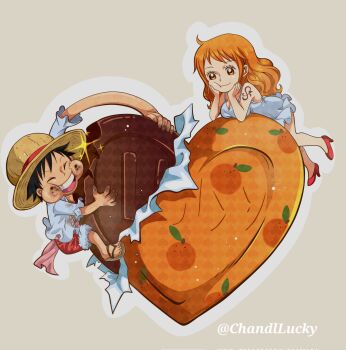 1boy 1girl bare_legs black_hair breast_rest breasts candy chandllucky chocolate chocolate_heart closed_eyes closed_mouth commentary dress eating elbow_rest english_commentary facial_scar food food_on_face food_print fruit fruit_print full_body fur-trimmed_shorts fur_trim hat heart heart-shaped_food high_heels highres large_breasts long_hair looking_at_another mandarin_orange monkey_d._luffy nami_(one_piece) one_piece open_clothes open_shirt orange_hair orange_print red_shoes sandals scar scar_on_cheek scar_on_chest scar_on_face shirt shoes shorts shoulder_tattoo simple_background smile sparkle straw_hat tattoo twitter_username valentine wavy_hair white_dress white_shirt