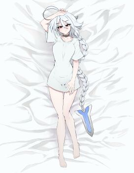 1girl absurdres ahoge bed_sheet blazblue bottomless braid choker commentary commission dakimakura_(medium) english_commentary highres long_hair lying mayoa naked_shirt nu-13 on_bed red_eyes shirt single_braid white_hair white_shirt