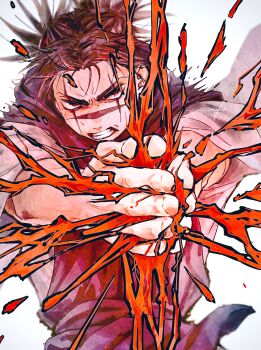 Rule 34 | 1boy, 28cg, absurdres, black eyes, black hair, black scarf, black vest, blood, choso (jujutsu kaisen), clenched teeth, cowboy shot, facial tattoo, hands up, highres, jujutsu kaisen, male focus, own hands together, robe, scarf, short hair, solo, standing, tattoo, teeth, v-shaped eyebrows, vest, white background, white robe