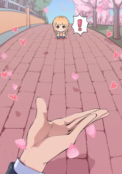 Rule 34 | !, 1boy, 1girl, :3, absurdres, blonde hair, braid, brick road, c civciv, cherry blossoms, chibi, chibigurumi, chin on palm challenge, commentary, day, falling petals, fujita kotone, gakuen idolmaster, heart, highres, idolmaster, jacket, looking at viewer, open clothes, open jacket, outdoors, petals, pov, pov hands, producer (idolmaster), shirt, standing, symbol-only commentary, twin braids, yellow eyes, yellow shirt