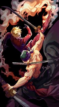 2boys black_background black_gloves blonde_hair curly_eyebrows curly_hair earrings fire formal_clothes gloves green_hair hair_over_one_eye highres holding holding_sword holding_weapon japanese_clothes jewelry kimono leg_up male_focus multiple_boys one_piece red_sash roronoa_zoro sanji_(one_piece) sash simple_background smoke suit sword topless_male weapon weapon_in_mouth yuan_jessie0430