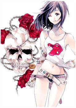 Rule 34 | 1girl, belt, belt skirt, black hair, bracelet, flower, gloves, highres, jewelry, knife, lingerie, loose belt, mawari madoka, midriff, navel, no pants, one eye closed, panties, red flower, red rose, rose, short hair, skull, solo, sword, tank top, tenjou tenge, thorns, tongue, tongue out, toosan, underwear, weapon, wink
