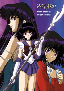 1990s_(style) 3girls aged_up bishoujo_senshi_sailor_moon bishoujo_senshi_sailor_moon_s black_hair blue_background blue_bow blue_shirt bow brooch brown_bow character_name choker cowboy_shot elbow_gloves english_text evil_smile expressionless glaive_(polearm) gloves hino_ryutaro holding holding_polearm holding_spear holding_weapon jewelry lipstick looking_at_viewer makeup mistress_9 multicolored_background multiple_girls multiple_persona pleated_skirt polearm purple_background purple_eyes purple_lips purple_skirt red_shirt retro_artstyle sailor_collar sailor_saturn school_uniform serafuku shirt short_hair signature silence_glaive skirt sleeveless sleeveless_shirt smile spear spoilers star_brooch striped_bow tiara tomoe_hotaru weapon white_gloves