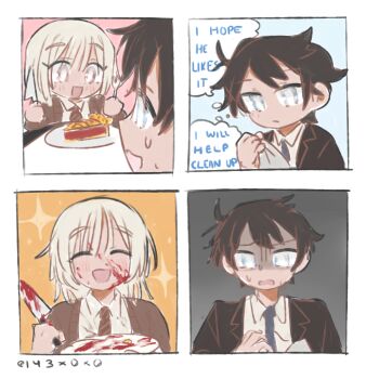 143x0x0 :d akinashi_haru ambiguous_red_liquid apple_pie blue_eyes blue_necktie brown_cardigan brown_necktie cardigan eating english_text food happy holding holding_knife holding_plate knife necktie open_mouth pie pink_eyes plate saihate_eki scared shen_comix short_hair smile speech_bubble sweat tatsunami_shion thought_bubble white_hair