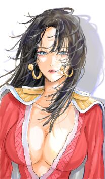 1girl black_hair blue_eyes boa_hancock breasts cape commentary epaulettes eyelashes floating_hair highres large_breasts long_hair looking_at_viewer one_piece parted_lips red_shirt salmonnnn353372 shadow shirt solo upper_body white_cape