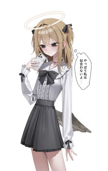 1girl absurdres ashal_(mansu) bags_under_eyes black_eyes black_skirt blonde_hair breasts broken_halo commentary_request cut-here_line fallen_angel hair_between_eyes halo highres long_hair low_wings mansu_(mansu113355) neck_tattoo original scissor_tattoo shirt single_wing skirt small_breasts solo speech_bubble tattoo thought_bubble traditional_halo translation_request white_background white_shirt wings