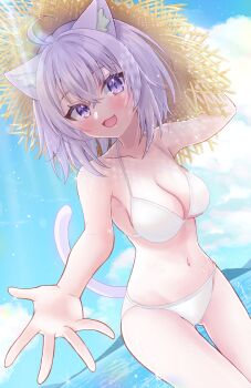 1girl ahoge animal_ear_fluff animal_ears bare_arms bare_shoulders bikini blush breasts cat_ears cat_girl cat_tail cleavage cloud cloudy_sky collarbone comiket_102 commentary_request hair_between_eyes hat highres hololive looking_at_viewer medium_breasts navel nekomata_okayu open_mouth outdoors purple_eyes purple_hair sky smile stomach straw_hat swimsuit tail virtual_youtuber wet white_bikini yukimura_88