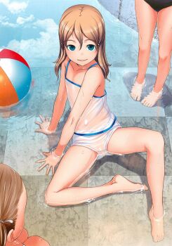 3girls arm_support bare_shoulders barefoot blue_eyes brown_hair feet flat_chest highres legs loli looking_at_viewer multiple_girls open_mouth original partially_submerged see-through_clothes sitting sody spread_legs toes wading water wet wet_clothes