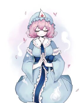 1girl blue_hat blue_kimono blue_ribbon blush breasts bug butterfly center_frills cherry_blossoms closed_eyes commentary falling_petals frilled_hat frills hat highres hitodama hitodama_print insect japanese_clothes kimono korean_commentary long_sleeves medium_breasts mob_cap neck_ribbon own_hands_together petals pink_butterfly pink_hair ribbon saigyouji_yuyuko short_hair smile solo touhou triangular_headpiece user_dkjn2255 wide_sleeves