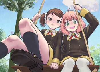 2girls anya_(spy_x_family) becky_blackbell black_shoes black_socks brown_dress brown_hair closed_mouth commentary dress eden_academy_school_uniform elementary_(lolipope) english_commentary green_eyes hair_ornament hair_scrunchie hairpods highres holding_hands long_sleeves looking_at_viewer medium_hair multiple_girls on_swing open_mouth outdoors pink_hair school_uniform scrunchie shoes short_hair socks spy_x_family swing teeth thighhighs twintails upper_teeth_only white_scrunchie white_thighhighs