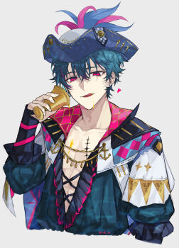 1boy anchor_ornament argyle_clothes arm_ribbon artist_name blue_cape blue_hair blue_hat blue_shirt blush brant_(wuthering_waves) cape collarbone commentary_request cup earrings emblem fingernails frills hair_between_eyes half-closed_eyes hand_up hat hat_feather hat_ornament heart highres holding holding_cup jewelry long_sleeves looking_at_viewer male_focus open_mouth pink_eyes pink_shirt pino_hu_mgmg pirate_hat puffy_long_sleeves puffy_sleeves ribbon shirt short_hair simple_background smile solo star_(symbol) star_print tongue tongue_out two-sided_cape two-sided_fabric two-sided_headwear two-sided_shirt upper_body white_background white_cape white_hat wuthering_waves