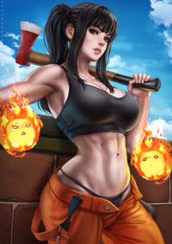 1girl armpits artist_name axe black_hair black_panties black_tank_top blue_sky breasts brick_wall cloud collarbone colored_skin crop_top curvy dandon_fuga en&#039;en_no_shouboutai eyebrows_hidden_by_hair female_focus fire fire_axe fireball highres holding holding_axe leaning_on_object linea_alba long_hair looking_at_viewer maki_oze medium_breasts midriff muscular muscular_female navel open_fly orange_pants panties pants parted_lips ponytail purple_eyes sidelocks sky suspenders tank_top unbuttoned underwear white_skin wide_hips