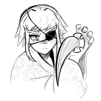 1girl absurdres aiming aiming_at_viewer closed_mouth dagger eyepatch facial_scar fluffkaiser frown highres holding holding_dagger holding_knife holding_weapon japanese_clothes kimono knife looking_at_viewer monochrome narrowed_eyes original ryuu_ga_gotoku_(series) ryuu_ga_gotoku_ishin! scar scar_on_cheek scar_on_face scar_on_nose short_hair simple_background solo threat upper_body weapon white_background