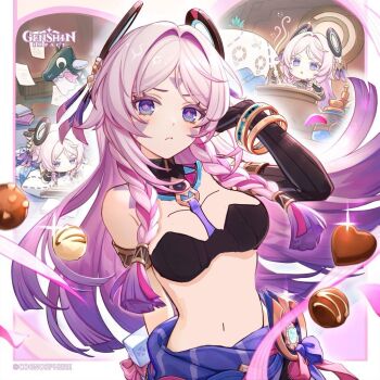 black_gloves bra bracelet braid breasts citlali_(genshin_impact) feather_hair_ornament feathers genshin_impact gloves gold_bracelet hair_ornament jewelry large_breasts non-web_source official_art pink_hair ribbon third-party_edit underwear vision_(genshin_impact)