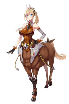 1girl animal_ears arcanadea asymmetrical_sleeves blonde_hair blue_eyes breasts breasts_apart centaur detached_sleeves elena_(arcanadea) full_body gloves hairband hand_on_own_hip horse_ears kotobukiya leotard long_hair necomi official_art ponytail second-party_source see-through_clothes see-through_leotard simple_background solo tachi-e taur white_background