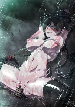 1boy 1girl ajula_wachula bar_censor black_gloves black_hair black_thighhighs bouncing_breasts breasts censored chain clenched_teeth collar commission constricted_pupils elbow_gloves final_fantasy final_fantasy_vii gloves hetero highres large_breasts long_hair low-tied_long_hair lying nipples nude on_back penis pussy rape red_eyes restrained sex skeb_commission spread_legs tears teeth thighhighs tifa_lockhart vaginal wet