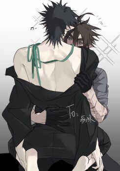 Rule 34 | 2boys, absurdres, ahoge, alternate costume, anmicius, aotu world, back, bare shoulders, barefoot, black gloves, black hair, black kimono, black pants, blush, brown hair, chinese commentary, chinese text, clothes grab, commentary request, flying sweatdrops, from behind, gloves, gradient background, green eyes, green ribbon, grey shirt, hair between eyes, hand on another's back, highres, hug, japanese clothes, kimono, long sleeves, looking at another, male focus, multiple boys, musical note, off shoulder, pants, pointy ears, ray (aotu world), ribbon, scar, scar on arm, scar on face, shirt, short hair, sitting, sitting on lap, sitting on person, sleeves rolled up, sparkle, spiked hair, straddling, sweatdrop, yaoi, yigeniuren