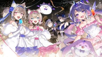 Rule 34 | 5girls, alternate costume, animal ears, black choker, black dress, black hair, blonde hair, blue dress, blue eyes, blue hair, blue hairband, breasts, champagne flute, chest jewel, choker, colored inner hair, commentary, crossed bangs, cup, dog ears, dog girl, double-parted bangs, dress, drill hair, drinking glass, english commentary, extra ears, frilled dress, frills, fur choker, fur shawl, fuwawa abyssgard, gem, geow (koseki bijou), gloves, gradient hair, grey hair, hair between eyes, hair flaps, hair intakes, hairband, halter dress, halterneck, hand jewel, highres, holding, holding cup, holoadvent, hololive, hololive english, jailbird (nerissa ravencroft), jewel under eye, koseki bijou, large breasts, layered dress, long hair, looking at another, looking at viewer, low twintails, mococo abyssgard, multicolored hair, multiple girls, nerissa ravencroft, perroccino (fuwamoco), pink eyes, pink hair, pink hairband, purple eyes, purple gemstone, purple hair, ribbon choker, shawl, shiori novella, short hair, side ponytail, sidelocks, sleeveless, sleeveless dress, split-color hair, strapless, strapless dress, streaked hair, twin drills, twintails, two side up, very long hair, virtual youtuber, white dress, white gloves, yellow eyes, yomosaka, yorick (shiori novella)