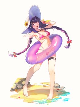 1girl absurdres akirakzq bikini braid hat highres hoshino_ai innertube looking_at_viewer navel one_eye_closed open_mouth oshi_no_ko procreate_(medium) purple_eyes purple_hair rock shadow smile solo standing star-shaped_pupils star_(symbol) sun_hat swim_ring swimsuit symbol-shaped_pupils tachi-e transparent_innertube twin_braids