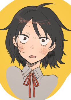 1girl black_eyes black_hair blush collared_shirt cropped_torso futsuu_no_keion-bu grey_shirt hatono_chihiro highres looking_at_viewer masakamayo neck_ribbon open_mouth red_ribbon ribbon school_uniform shirt short_hair solo surprised sweat twitter_username wing_collar yellow_background