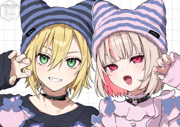 1boy 1girl alternate_costume animal_ear_headwear beanie black_choker blonde_hair brown_hair choker colored_inner_hair fake_animal_ears fangs green_eyes grid_background grin hand_up hat highres looking_at_viewer makaino_ririmu multicolored_hair nail_polish nijisanji open_mouth pink_eyes potti-p short_hair sleeves_past_wrists smile upper_body uzuki_kou virtual_youtuber