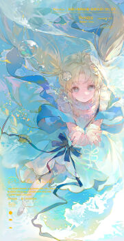 1girl absurdres blonde_hair bow chinese_commentary dress flower highres looking_at_viewer looking_up open_mouth original pengren_siya standing standing_on_one_leg twintails water