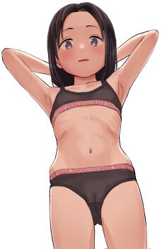 1girl absurdres armpits arms_behind_head arms_up black_bra black_hair black_panties bra commentary_request cowboy_shot flat_chest forehead from_below highres hip_bones kurebayashi_asami loli looking_at_viewer looking_down navel original panties purple_eyes raised_eyebrows ribs simple_background solo stomach underwear underwear_only white_background