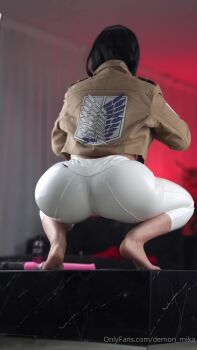 1girl animated artist_name ass ass_shake black_hair cosplay cosplay_photo demonmika female_focus huge_ass looking_at_viewer looking_back mikasa_ackerman mikasa_ackerman_(cosplay) onlyfans paradis_military_uniform photo_(medium) real_life shingeki_no_kyojin solo sound survey_corps_(emblem) tagme twerking video watermark web_address