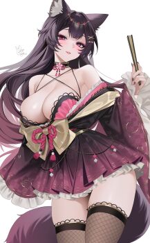 Rule 34 | 1girl, absurdres, animal ear fluff, animal ears, artist name, bare shoulders, black hair, black nails, black thighhighs, breasts, choker, cleavage, collarbone, commentary, commission, criss-cross halter, dress, english commentary, facial mark, fishnet thighhighs, fishnets, fox ears, fox girl, fox tail, frilled dress, frilled kimono, frilled sleeves, frills, gold trim, gradient clothes, gradient hair, gradient kimono, gradient tail, hair ornament, halterneck, hand fan, hand up, headpiece, highres, holding, holding fan, japanese clothes, kimono, kimono dress, large breasts, large tail, long hair, long sleeves, looking at viewer, multicolored hair, nail polish, obi, off-shoulder dress, off shoulder, oikomia, original, parted bangs, pink dress, pink hair, pink lips, sash, short kimono, sidelocks, signature, simple background, smile, solo, standing, tail, thighhighs, thighs, very long hair, white background, wide sleeves, x hair ornament