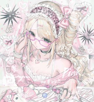 Rule 34 | 1girl, animal print, blonde hair, blue streaks, bow, candy, choker, collarbone, food, from above, green eyes, gyaru, hair bow, hairband, hand up, head tilt, heart, heart necklace, highres, hime gyaru, holding, holding knife, jewelry, knife, lace, lace-trimmed shirt, lace trim, leopard print, lollipop, long hair, long sleeves, multiple rings, my sweet piano, nail art, necklace, off-shoulder jacket, off shoulder, one side up, onegai my melody, original, pink-framed eyewear, pink bow, portrait, ring, ringlets, sanrio, shirt, sidelocks, solo, trivana, white shirt