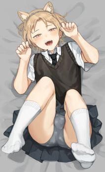 1boy :d animal_ear_hairband animal_ears animal_print ass barefoot bed_sheet black_necktie blonde_hair blush bulge cat_ear_hairband cat_ears cat_print collared_shirt commentary_request crossdressing crossdressing_(mtf) dot_nose fake_animal_ears full_body grey_panties grey_skirt grey_sweater_vest hairband half-closed_eyes hands_up highres knees_to_chest looking_at_viewer lying male_focus necktie on_back open_mouth original panties partial_commentary paw_pose pleated_skirt print_panties shirt short_hair short_sleeves skirt sleeveless sleeveless_sweater smile socks solo sunaba_(nczd5875) sweater sweater_vest teeth thighs tongue trap underwear white_shirt white_socks yellow_eyes