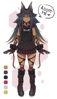 1girl adoptable animal_ears black_boots black_dress black_gloves black_hair boots brown_thighhighs chain closed_mouth collar color_guide commentary dark-skinned_female dark_skin double-parted_bangs dress english_commentary english_text fangs fangs_out full_body gloves hair_between_eyes highres long_hair looking_at_viewer metal_collar oninuer original scar scar_on_face scar_on_nose short_dress sleeveless sleeveless_dress smile solo speech_bubble straight-on thighhighs torn_clothes torn_thighhighs white_background wolf_ears wolf_girl yellow_eyes