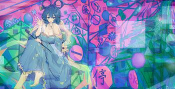 Rule 34 | 1girl, abstract background, barefoot, blue dress, blue eyes, blue hair, breasts, chisel, cleavage, crossed legs, dress, feet, feixianji (hairstyle), fingernails, foot out of frame, frilled dress, frills, hand up, highres, holding, holding smoking pipe, kaku seiga, large breasts, long dress, long sleeves, looking at viewer, off-shoulder dress, off shoulder, short hair, smoking pipe, solo, storrrrre (store4576), touhou, waving, wide shot, wide sleeves