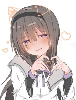 1girl akemi_homura akemi_homura_(magical_girl) artria081180645 black_eyes black_hair blush commentary_request dress embarrassed hairband heart heart_hands highres jacket long_hair magical_girl mahou_shoujo_madoka_magica purple_ribbon ribbon simple_background solo white_background white_dress white_jacket