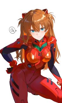 Rule 34 | 1girl, absurdres, anger vein, blush, bodysuit, breasts, brown hair, chinese commentary, closed mouth, commentary request, cowboy shot, curvy, green eyes, hair between eyes, hand on own hip, highres, interface headset (evangelion), long hair, looking at viewer, mecha pilot suit, medium breasts, neon genesis evangelion, plugsuit (evangelion), red bodysuit, shen qingming, shiny clothes, simple background, solo, souryuu asuka langley, spoken anger vein, tsundere, white background, wide hips