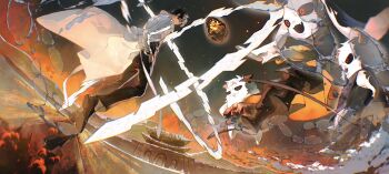 1boy 3others atmospheric_perspective bihyung biyoo_(omniscient_reader&#039;s_viewpoint) black_hair black_robe black_sclera boots building character_request check_character coat colored_sclera dutch_angle egg floating flying_paper from_below full_body furry hands_in_pockets highres horizon horns kim_dokja looking_at_another looking_at_viewer multiple_others omniscient_reader&#039;s_viewpoint open_clothes open_coat paper paul_(omniscient_reader&#039;s_viewpoint) red_eyes robe short_hair smirk walking white_coat wide_shot wind wind_lift youngki yusongrmdsuki